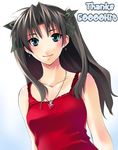  azu black_hair blue_eyes blush brown_hair cross cross_earrings earrings fate/stay_night fate_(series) hair_ribbon hits jewelry latin_cross long_hair necklace pendant ribbon sleeveless smile solo tank_top toosaka_rin two_side_up 