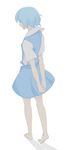  arms_behind_back ayanami_rei back_turned barefoot blue_hair from_behind full_body mebae neon_genesis_evangelion pale_skin school_uniform shadow short_hair simple_background solo standing white_background 