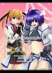  blue_hair cover cover_page cross_mirage doujin_cover fingerless_gloves gauntlets gloves gun lyrical_nanoha magic_circle magical_girl mahou_shoujo_lyrical_nanoha_strikers midriff multiple_girls nanao_mizuho orange_hair revolver_knuckle single_fingerless_glove single_gauntlet subaru_nakajima teana_lanster thighhighs twintails weapon 