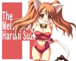  animal_ears asahina_mikuru blush breast_squeeze breasts cat_ears cat_tail cleavage copyright_name fur_collar heart_cutout kemonomimi_mode large_breasts mole mole_on_breast navel_cutout ngo red_legwear sidelocks solo suzumiya_haruhi_no_yuuutsu tail thigh_gap thighhighs 