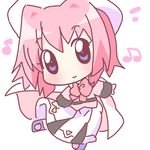  beamed_eighth_notes blue_eyes bow cape caro_ru_lushe chibi coat eighth_note hat lowres lyrical_nanoha magical_girl mahou_shoujo_lyrical_nanoha_strikers mirai_(sugar) musical_note pink_bow pink_hair short_hair simple_background solo white_background 