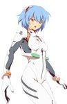  :o armpits ayanami_rei bangs blue_hair bodysuit bracer breasts covered_nipples cowboy_shot from_side gloves hair_between_eyes hair_ornament impossible_clothes looking_at_viewer mebae neon_genesis_evangelion number open_mouth pilot_suit plugsuit red_eyes short_hair simple_background small_breasts solo turtleneck white_background white_bodysuit 
