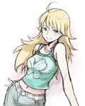  ahoge arm_support blonde_hair blue_eyes green_shirt hoshii_miki idolmaster idolmaster_(classic) idolmaster_1 long_hair looking_at_viewer lowres midriff minato_fumi shirt sketch smile solo 