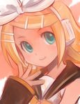  aqua_eyes blonde_hair closed_mouth face ha-ru hair_ornament hair_ribbon hairclip headphones kagamine_rin ribbon school_uniform short_hair smile solo vocaloid 