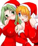  bobblehat breasts christmas excellen_browning fur_trim green_eyes green_hair hoshikuzu_junction lamia_loveless large_breasts looking_at_viewer multiple_girls pom_pom_(clothes) santa_costume short_hair super_robot_wars taut_clothes 