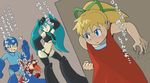  2girls aqua_hair bad_id bad_pixiv_id crossover hatsune_miku jealous multiple_girls niimori_hiroshi rockman rockman_(character) rockman_(classic) roll rush_(rockman) translated twintails vocaloid 