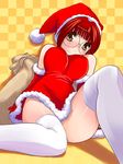  christmas glasses hat hoshikuzu_junction lying original red_hair santa_costume santa_hat solo thighhighs 