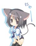  animal_ears brown_hair cat_ears copyright_request no_pants omiso_(omiso) school_swimsuit school_uniform short_hair solo swimsuit swimsuit_under_clothes tail thighhighs 