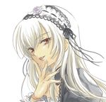  close-up face hairband hand_on_own_face lolita_hairband long_hair mizunomoto rozen_maiden simple_background solo suigintou upper_body white_background 