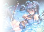  black_legwear blue_hair breasts cameltoe choukou_sennin_haruka fishnets large_breasts long_hair lying ninja nipples panties ponytail red_eyes solo subaru_(choukou_sennin_haruka) sword thighhighs torn_clothes uk-works underwear wallpaper water weapon wet wet_clothes wet_panties white_panties 