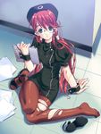  artist_request clipboard glasses green_eyes long_hair long_legs pantyhose paper red_hair sandals shoes single_shoe sitting solo torn_clothes torn_legwear tripping wrist_cuffs 