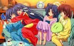  barefoot card clannad dango_daikazoku floating_card fujibayashi_kyou fujibayashi_ryou furukawa_nagisa highres ichinose_kotomi lossy-lossless multiple_girls official_art pajamas siblings sisters sleepover twins 