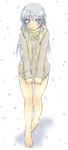  barefoot blue_eyes blue_hair coat copyright_request feet no_pants saki_chisuzu scarf solo 