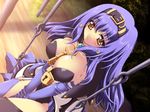  blue_hair breasts cleavage figu@mate game_cg hands_clasped huge_breasts jewelry kanai_julialous key lock mitsuki_mantarou own_hands_together panties pendant sitting solo swing thighhighs underwear 