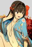 breasts brown_eyes brown_hair hair_ornament hand_in_hair jewelry lips mebae navel necklace open_clothes open_mouth open_robe original out-of-frame_censoring pubic_hair robe sideboob small_breasts smile solo 
