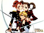  1boy 2girls 90s copyright_name hasegawa_shin'ya multiple_girls official_art ponytail shinohara_wakaba shoujo_kakumei_utena sonoda_keiko sword tsuwabuki_mitsuru twintails wallpaper weapon white_background 