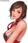  bare_shoulders black_eyes bob_cut breasts brown_hair choker cleavage hinomoto_reiko large_breasts lips lipstick makeup mole mole_on_body rumble_roses ryu_(ryu's_former_site) short_hair simple_background solo 