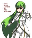  bangs bodysuit breasts c.c. code_geass cowboy_shot gloves green_hair johnny_funamushi large_breasts long_hair long_sleeves looking_at_viewer pointing pointing_at_viewer robe sidelocks simple_background solo standing white_background white_bodysuit white_gloves yellow_eyes 