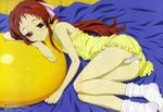  absurdres ball bed_sheet blush crease dress exercise_ball flat_chest frills hair_ribbon highres long_hair lying megami morioka_hideyuki non-web_source official_art on_floor on_side onda_aka panties pantyshot pantyshot_(lying) ponytail rec red_eyes red_hair ribbon scan short_dress skirt sleepy smile socks solo underwear white_panties yellow_skirt 