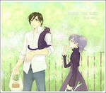  1boy 1girl animal bag black_cat black_eyes black_hair carry carrying cat collar darker_than_black denim dress grey_hair grocery_bag hei jeans long_sleeves mao mao_(darker_than_black) outdoors pants ponytail purple_dress railing shirt shopping_bag text walking wave waving white_shirt yin 