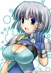  blue_eyes braid breasts cleavage cleavage_cutout gloves large_breasts open_mouth seolla_schweizer shigemiya_kyouhei short_hair side_braid silver_hair solo super_robot_wars upper_body 