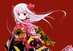  asa_no_ha_(pattern) copyright_request japanese_clothes kimono kirino_kasumu new_year red_background ribbon simple_background solo white_hair 