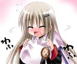  blush buttons closed_eyes hat large_buttons little_busters! long_hair noumi_kudryavka open_mouth otoki_raku silver_hair solo 