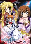  blonde_hair blue_eyes book bow brown_hair cape cover cover_page doujin_cover fate_testarossa fingerless_gloves gloves hair_ornament kanna_(plum) lyrical_nanoha magazine_(weapon) magic_circle magical_girl mahou_shoujo_lyrical_nanoha mahou_shoujo_lyrical_nanoha_a's multiple_girls purple_eyes raising_heart red_bow red_eyes red_hair shoes takamachi_nanoha thighhighs tome_of_the_night_sky twintails winged_shoes wings x_hair_ornament yagami_hayate 