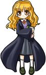  black_legwear blonde_hair brooch full_body gem harry_potter hermione_granger jacket jewelry kneehighs loafers long_hair looking_at_viewer nekoyu open_clothes open_jacket pigeon-toed shoes simple_background solo standing wavy_hair white_background yellow_eyes 