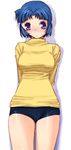  :o arms_behind_back blue_hair blush buruma hoshikuzu_junction kusuha_mizuha long_sleeves looking_at_viewer purple_eyes simple_background solo standing super_robot_wars sweater white_background 