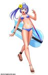  ahoge ankle_cuffs anklet bikini blue_bikini blue_eyes blue_hair bodyboard flower full_body hibiscus jewelry legs long_legs original polka_dot polka_dot_bikini polka_dot_swimsuit ryu_(ryu's_former_site) sandals side_ponytail simple_background solo swimsuit toes white_background 