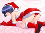  ai_yori_aoshi all_fours ass bare_shoulders blue_eyes blue_hair boots breasts christmas covered_nipples dress elbow_gloves from_behind fur_trim gloves hanging_breasts hat hoshikuzu_junction knee_boots looking_back medium_breasts red_dress red_footwear red_gloves sakuraba_aoi santa_costume santa_hat short_dress short_hair smile solo strapless strapless_dress trefoil 