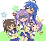  angry fang hiiragi_kagami hiiragi_tsukasa ixy izumi_konata kusakabe_misao lucky_star mole mole_under_eye multiple_girls purple_hair ryouou_school_uniform school_uniform serafuku siblings sisters twins yellow_neckwear 