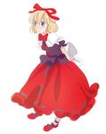  arms_behind_back blonde_hair blue_eyes full_body hair_ribbon kazune_(baumkuchen) medicine_melancholy puffy_short_sleeves puffy_sleeves red_footwear red_ribbon red_skirt ribbon shoes short_hair short_sleeves simple_background skirt solo standing touhou white_background 