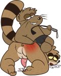  anus balls black_underwear butt cartoon_network clothing cum cum_on_penis doug_(regular_show) drooling half-closed_eyes mammal mustelid otter penis procyonid raccoon regular_show rigby_(regular_show) saliva scar spanking teeth underwear whip whip_marks 