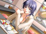  blue_eyes blue_hair breasts cleavage covered_nipples food futago_no_haha_seihonnou game_cg huge_breasts jewelry kusunoki_akane lipstick looking_at_viewer makeup necklace open_clothes open_shirt pov_across_table pov_dating restaurant sano_toshihide shirt solo 