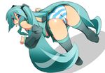  aqua_eyes aqua_hair ass bare_shoulders bent_over blush detached_sleeves from_behind hatsune_miku headset long_hair looking_back panties pleated_skirt skirt solo spread_legs striped striped_panties surprised thighhighs toudori trefoil twintails underwear upskirt very_long_hair vocaloid 