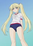  blonde_hair blue_eyes buruma from_below genshiken gradient gradient_background gym_uniform okiyumi_kase solo susanna_hopkins twintails 