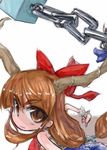 bow brown_eyes brown_hair chain hair_bow ibuki_suika looking_at_viewer red_bow simple_background skirt sleeveless solo tao_(kadoya) touhou upper_body white_background wrist_cuffs 
