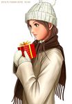  beanie brown_eyes brown_hair brown_scarf from_side gift hat holding holding_gift jacket long_hair mittens original ryu_(ryu's_former_site) scarf simple_background solo upper_body white_background 
