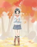  autumn autumn_leaves black_eyes black_hair black_skirt boots brown_footwear full_body ikeda_jun_(mizutamari) knee_boots original plant skirt solo standing sweater tree 