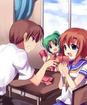  2girls card green_hair higurashi_no_naku_koro_ni holding holding_card maebara_keiichi multiple_girls playing_games ryuuguu_rena sonozaki_mion subaru_(yachika) 