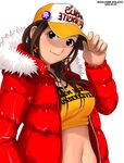  2006 artist_name brown_eyes brown_hair clothes_writing coat dated fur_trim hand_to_head hat jewelry long_sleeves looking_at_viewer midriff navel necklace original puffy_coat red_coat ryu_(ryu's_former_site) simple_background smile solo white_background 