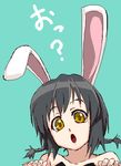  :o animal_ears aqua_background bare_shoulders black_hair braid bunny_ears collarbone looking_at_viewer niwa_zen open_mouth original short_hair simple_background solo surprised twin_braids yellow_eyes 