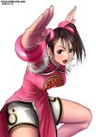 :d arms_up black_hair blush bracer breasts brown_eyes chinese_clothes dated dress fighting_stance fingernails fur_trim hair_ornament large_breasts ling_xiaoyu looking_at_viewer open_hands open_mouth outstretched_arms pelvic_curtain pink pink_dress ryu_(ryu's_former_site) shorts simple_background sleeveless smile solo squatting tekken twintails white_shorts 