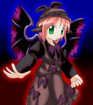  animal_ears black_shirt bow des dress eyebrows eyebrows_visible_through_hair green_eyes hat long_sleeves mystia_lorelei pink_hair shirt short_hair skirt solo touhou vest wings 