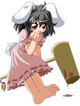  :d animal_ears barefoot black_hair blood blood_splatter bunny_ears dripping full_body hammer inaba_tewi looking_at_viewer open_mouth puffy_short_sleeves puffy_sleeves red_eyes sekiguchi_miiru short_sleeves simple_background smile soles solo toes touhou white_background 