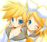  1girl bangs bass_clef blonde_hair blue_eyes blush bow brother_and_sister ebisu_senri hair_ornament hairclip hand_on_shoulder headphones headset kagamine_len kagamine_rin necktie one_eye_closed shirt siblings sleeveless sleeveless_shirt smile swept_bangs treble_clef twins vocaloid 