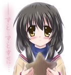  blush brown_eyes brown_hair clannad hikarizaka_private_high_school_uniform ibuki_fuuko jun_(aoerm) long_hair school_uniform smile solo starfish 