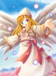  artist_request blonde_hair blue_eyes blue_sky blush cherry_blossoms danmaku day dress hat lily_white long_hair long_sleeves looking_at_viewer midriff open_mouth outdoors sky solo touhou white_dress white_wings wings 